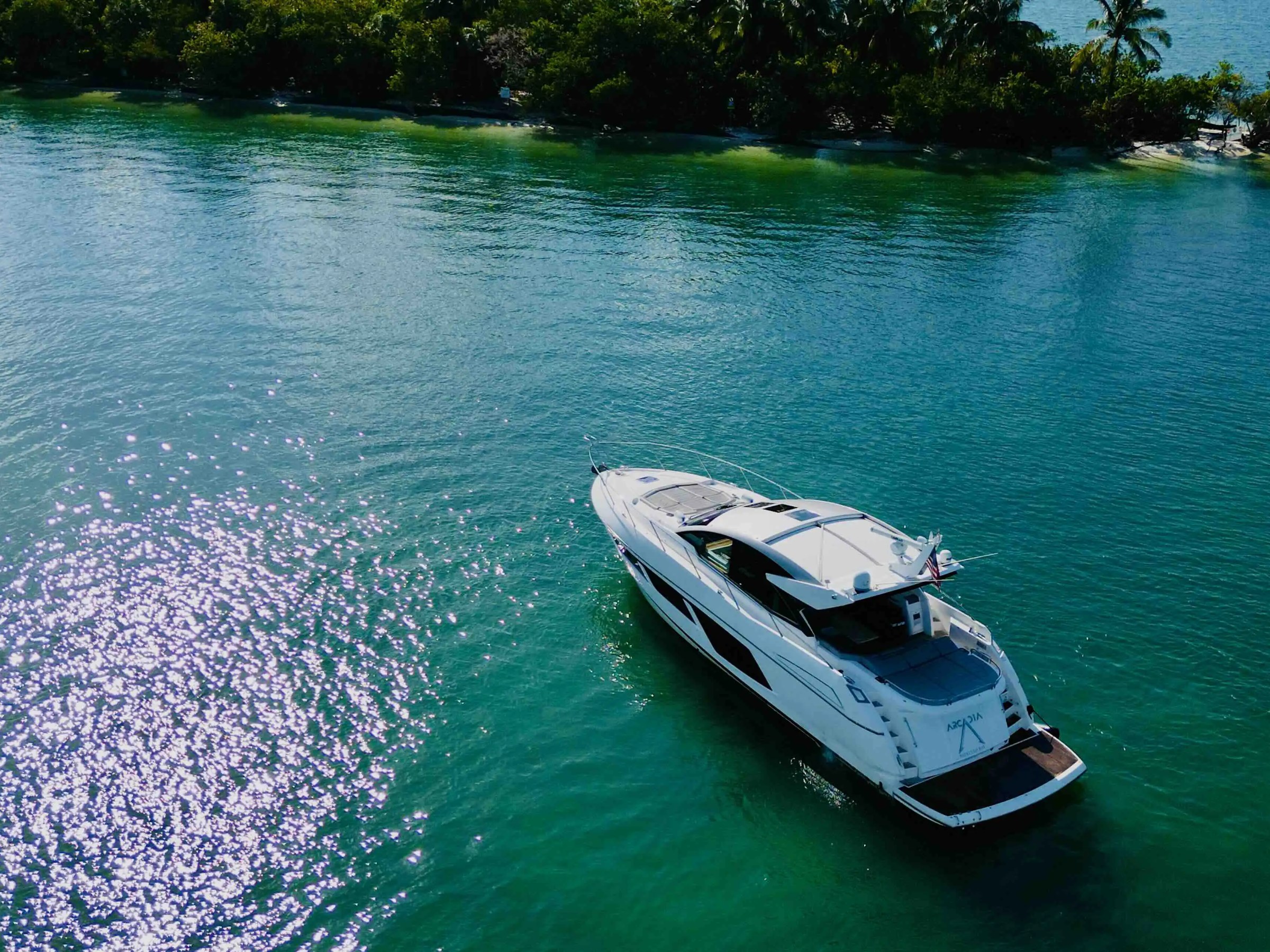 65ft Viking yacht Miami drone top view near an island