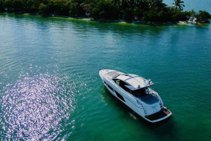 65ft Viking yacht Miami drone top view near an island