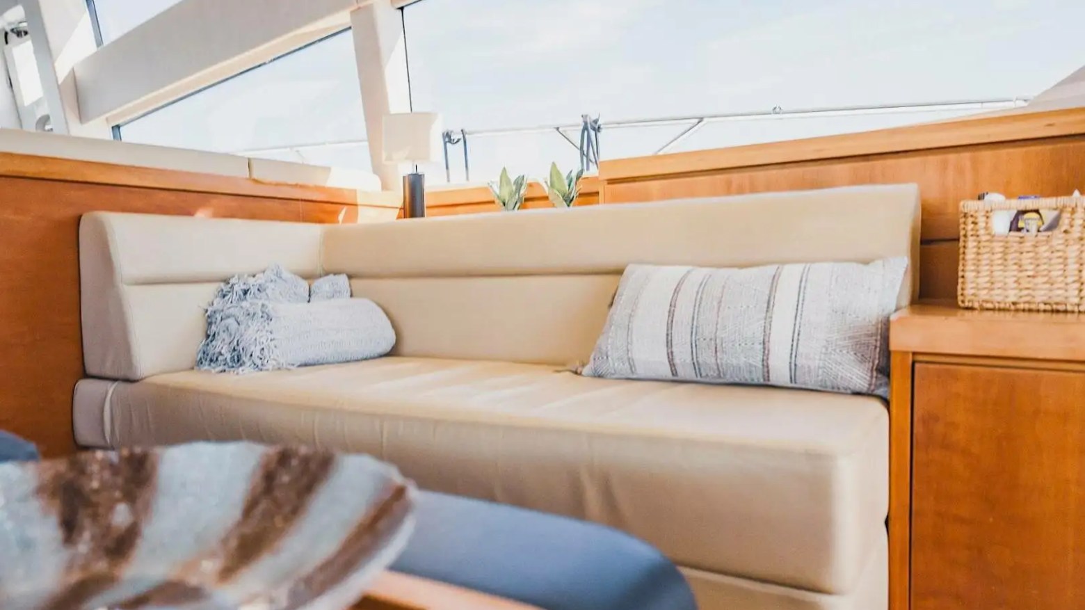 70' Sunseeker yacht charter salon seating in Miami Beach on Biscayne Bay