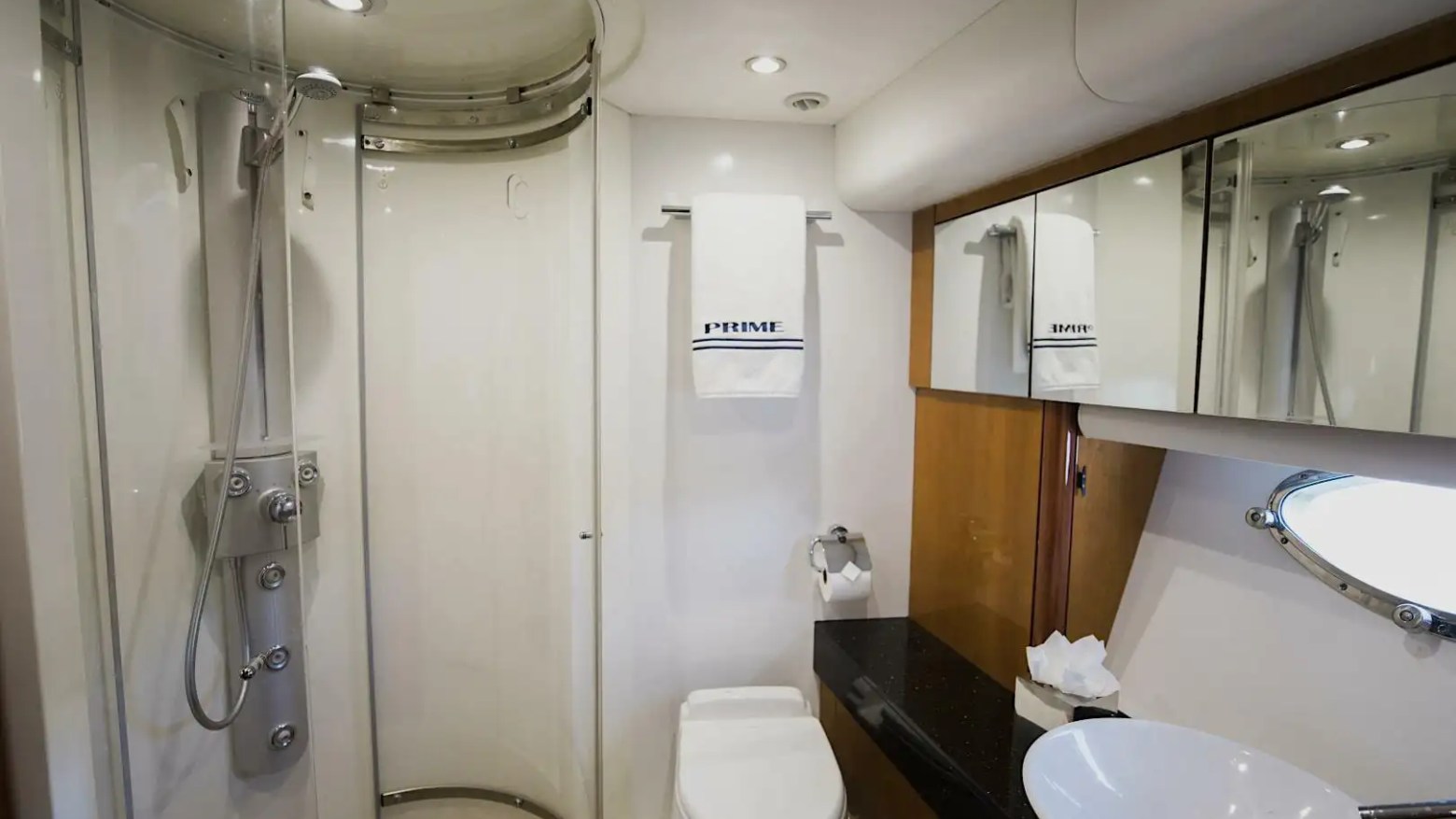 Yacht bathroom interior on 72′ Sunseeker Miami