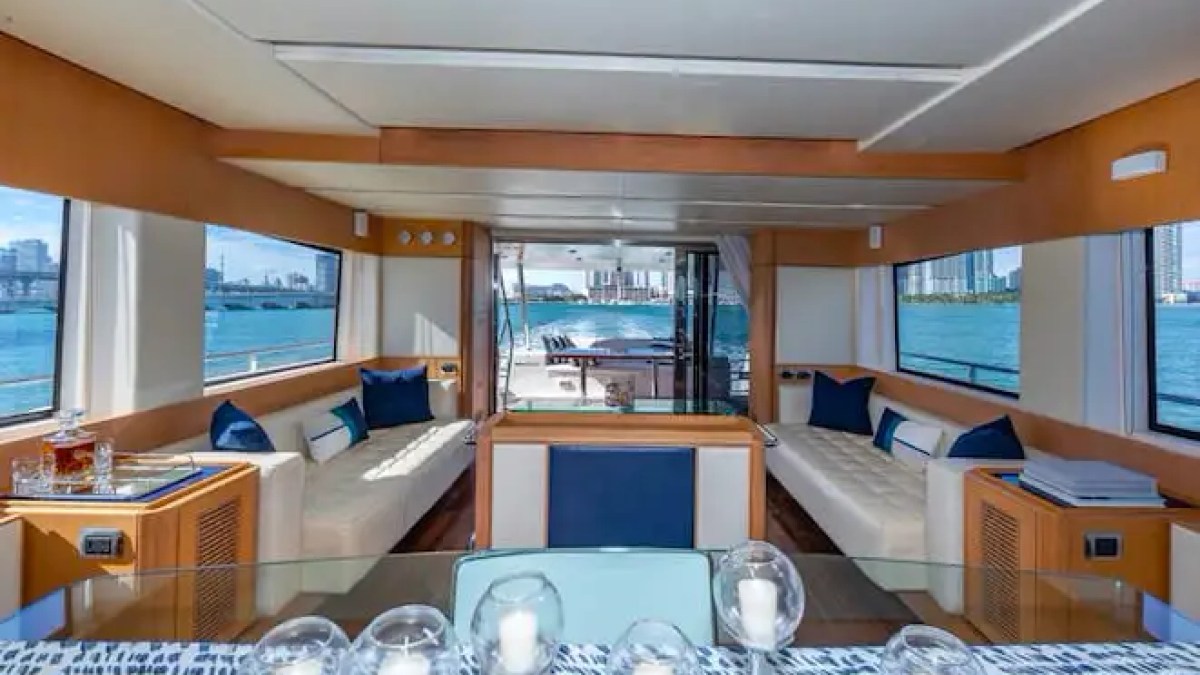 75' Aicon yacht charter luxury salon interior Miami Beach Biscayne Bay