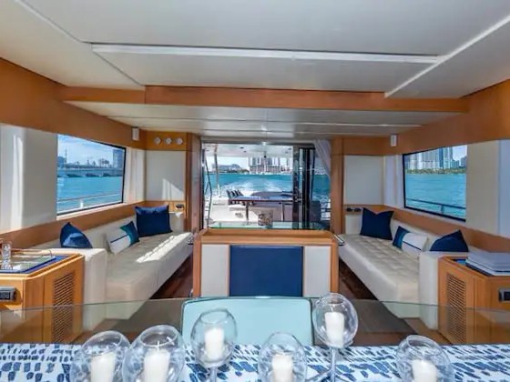 75' Aicon yacht charter luxury salon interior Miami Beach Biscayne Bay