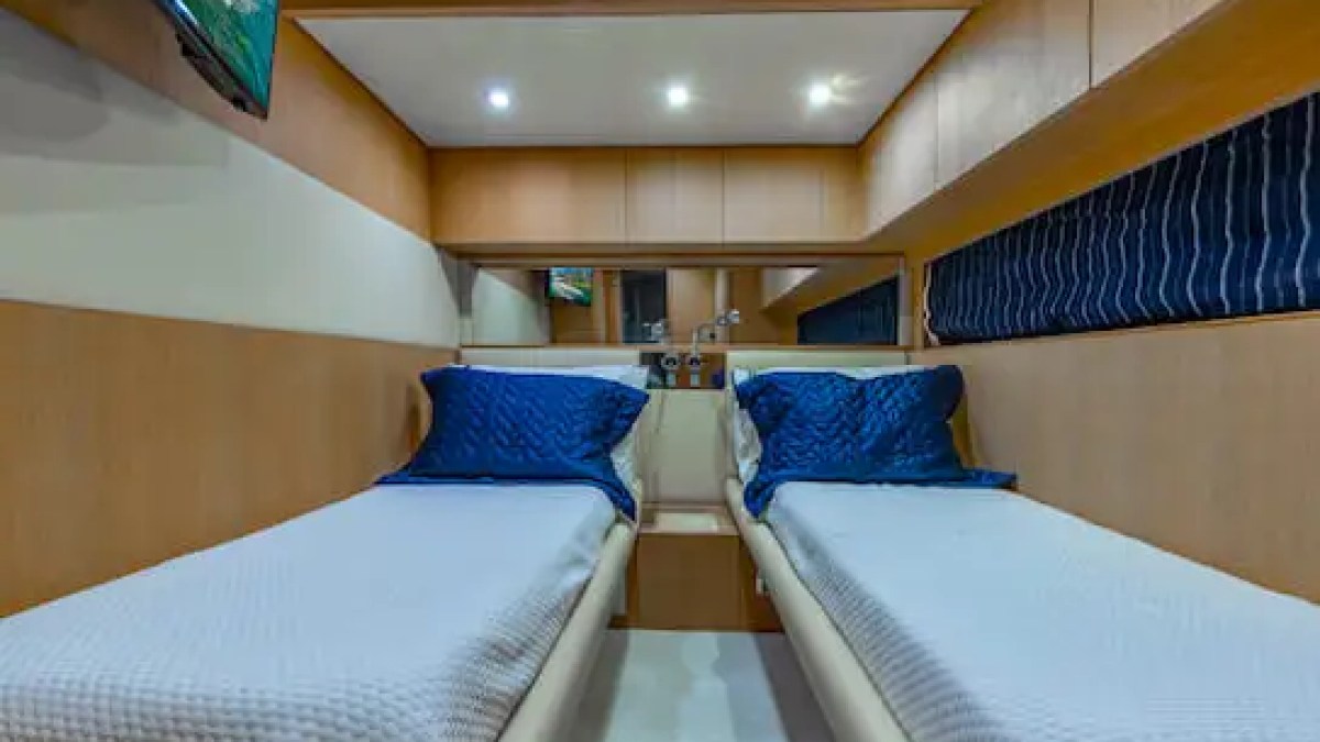 75' Aicon yacht charter twin guest cabin interior Miami Beach yacht rental