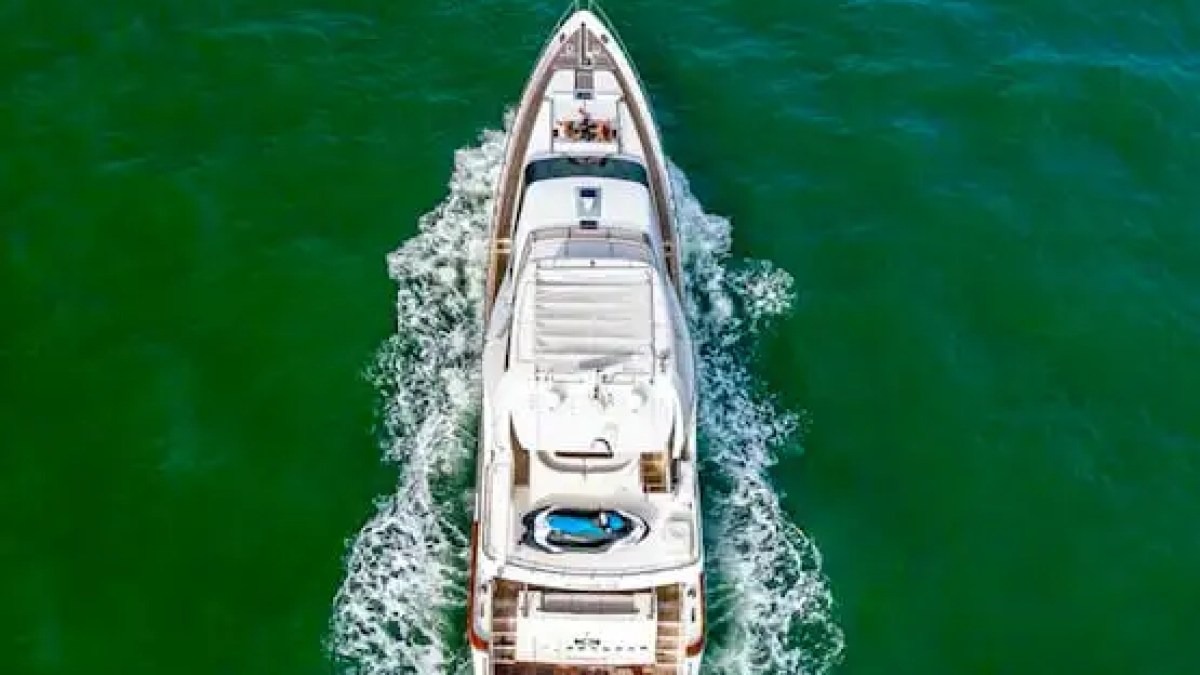 75' Aicon yacht charter aerial view cruising Miami Beach in Biscayne Bay