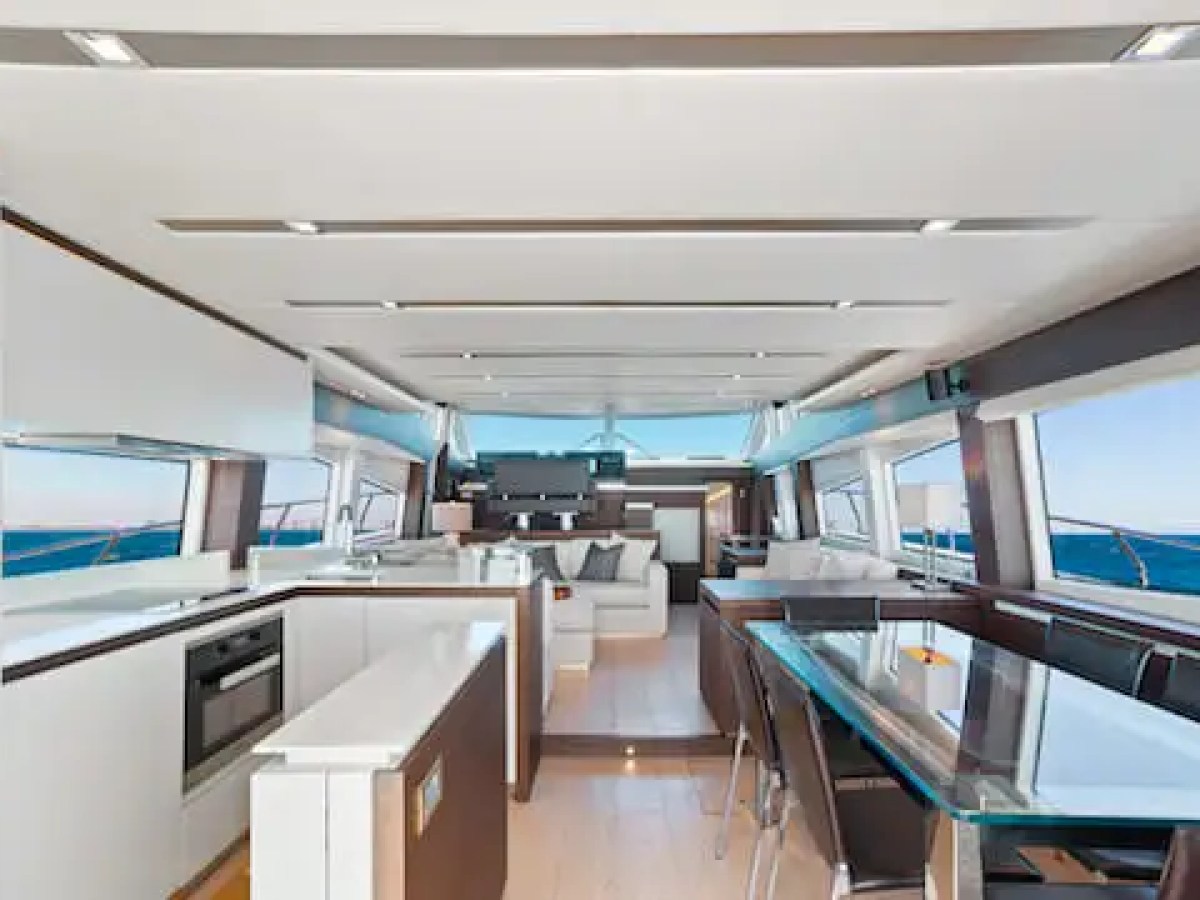 Breakfast nook or small table inside 75′ Prestige yacht
