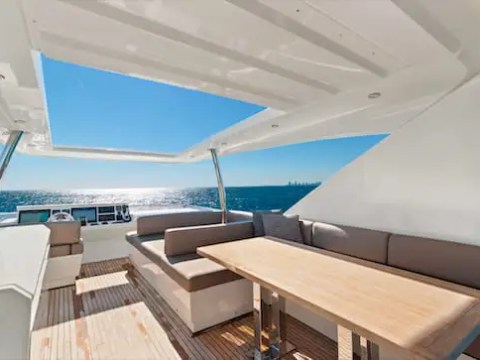 Flybridge helm and seating on 75′ Prestige yacht