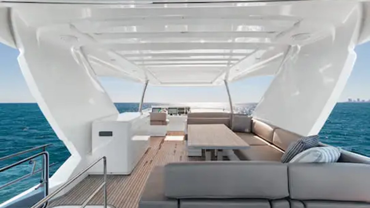 Flybridge helm and seating on 75′ Prestige yacht