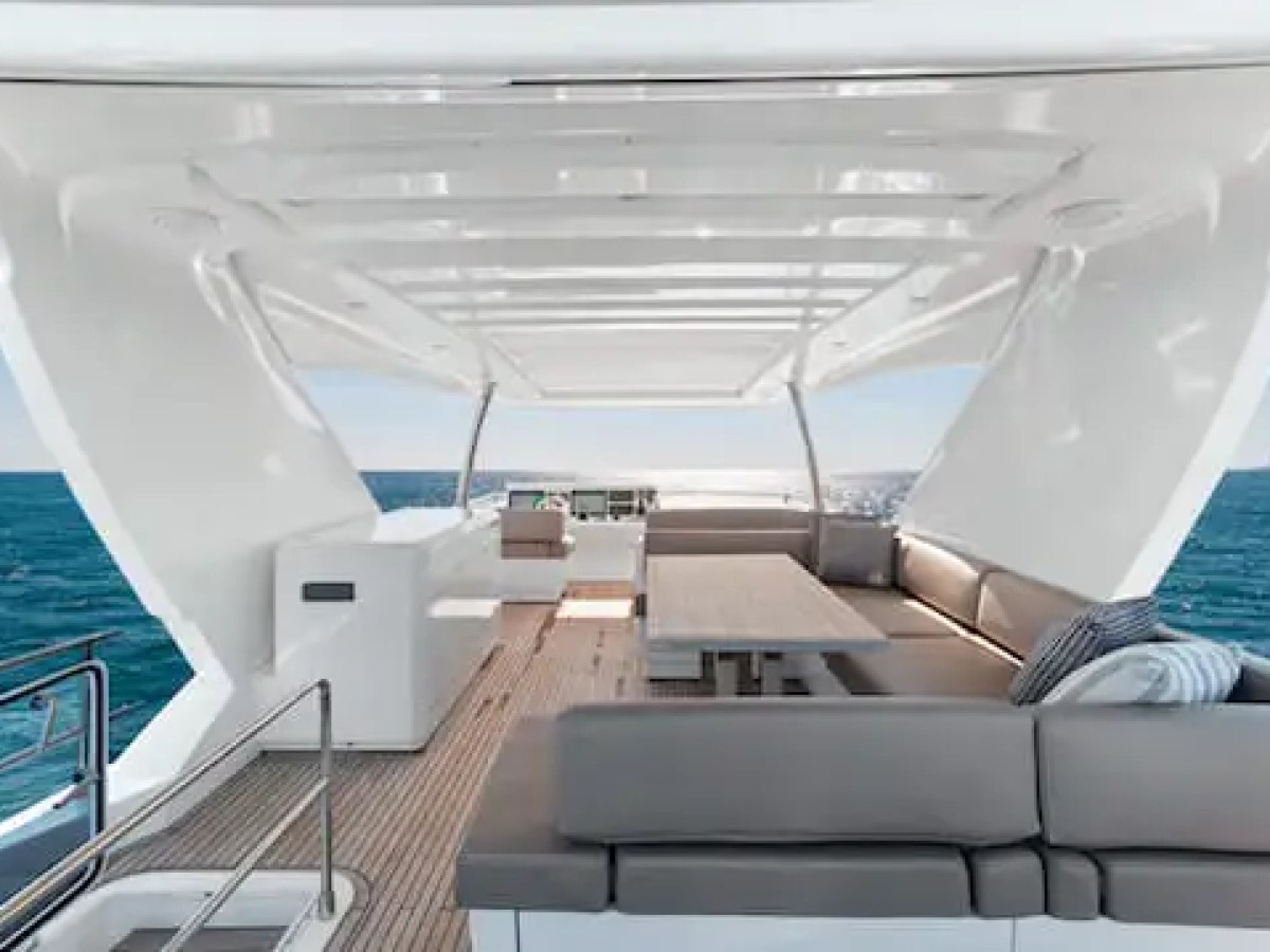 Flybridge helm and seating on 75′ Prestige yacht