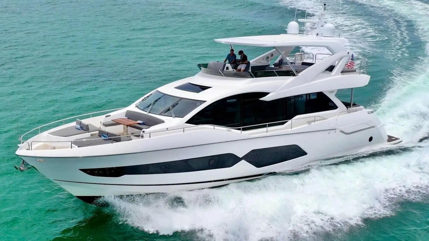 78' Sunseeker yacht charter cruising Miami Beach Biscayne Bay aerial view
