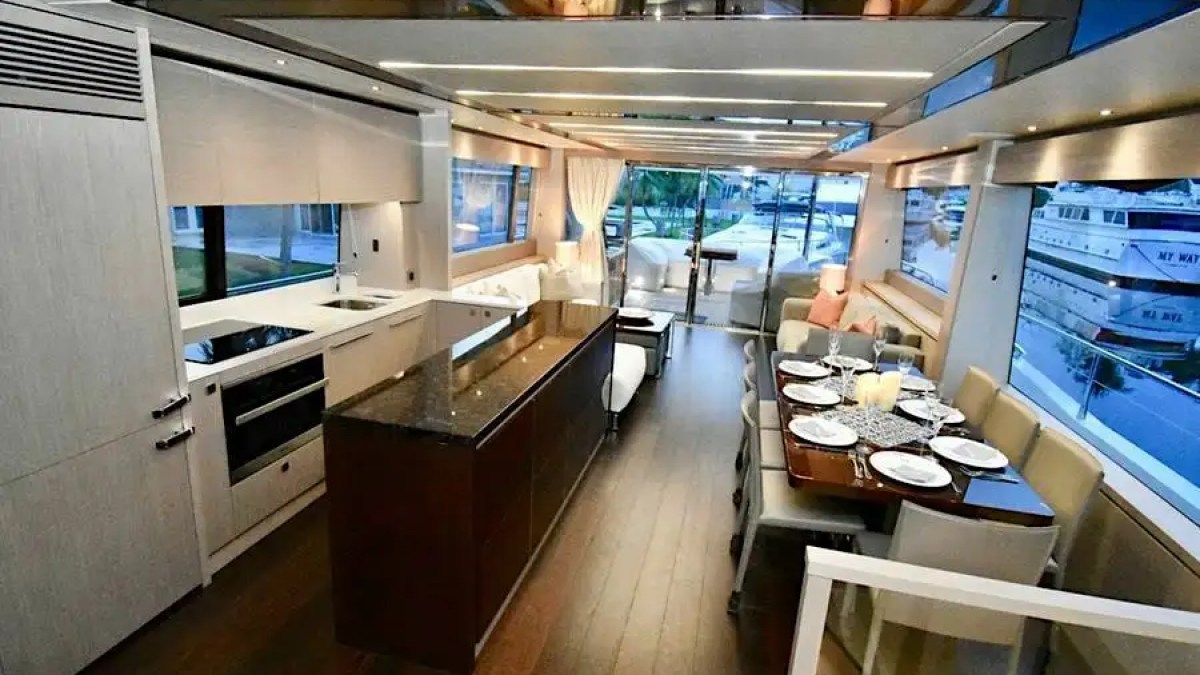 78' Sunseeker yacht charter galley and dining salon interior Miami Beach