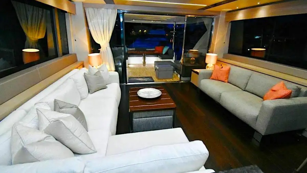 78' Sunseeker yacht charter luxury salon lounge seating Miami Beach interior