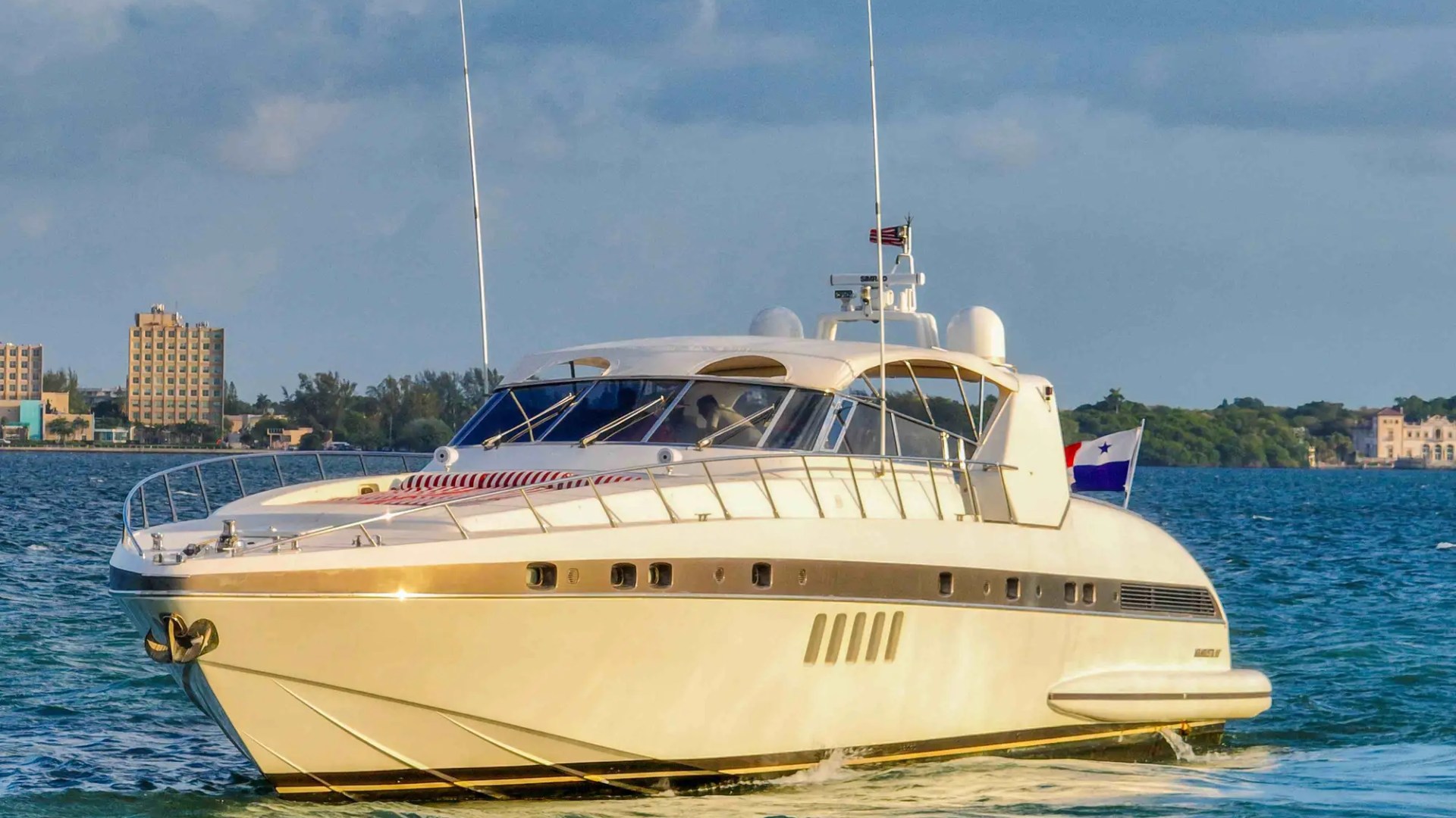 84' Mangusta yacht charter cruising Miami Beach Biscayne Bay skyline