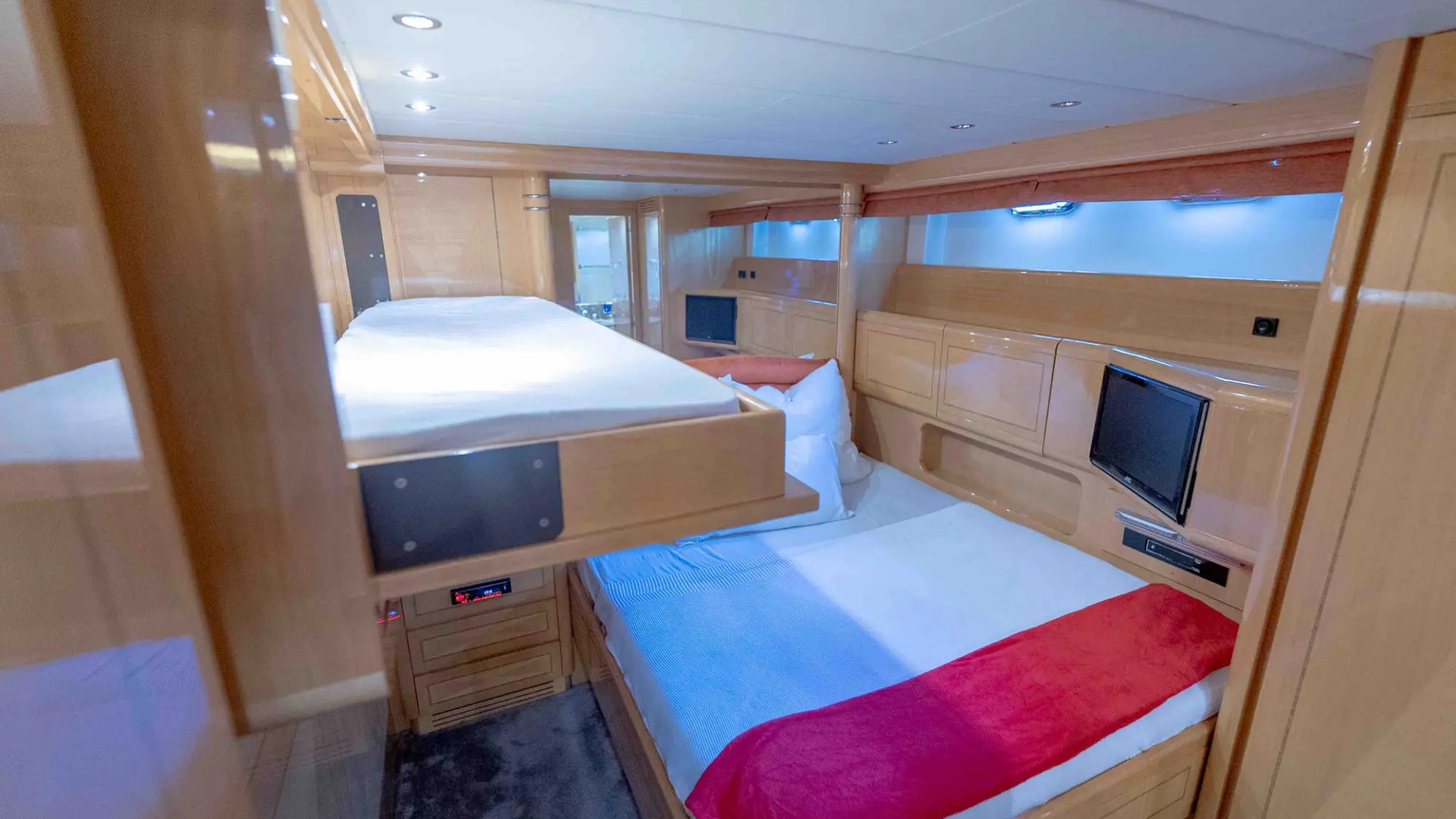 84' Mangusta yacht charter cabin interior Miami Beach Biscayne Bay