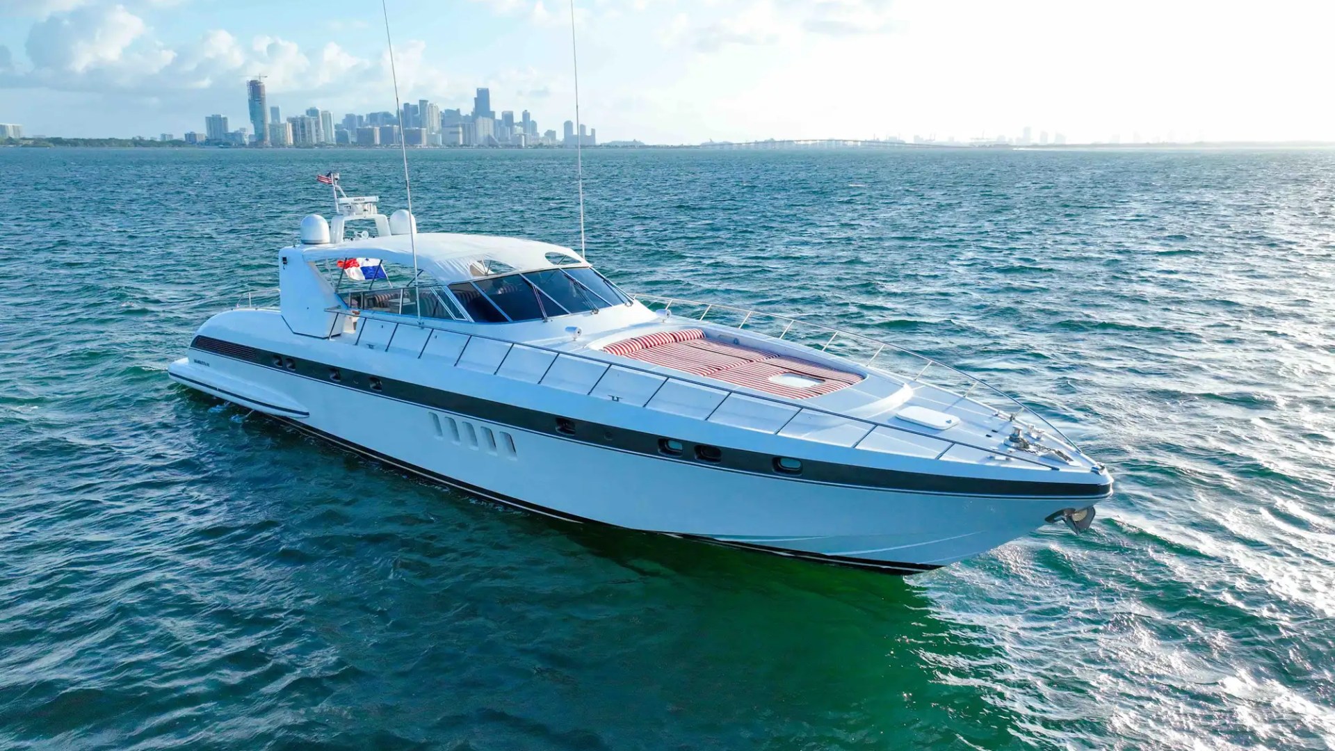 84' Mangusta yacht charter cruising Miami Beach Biscayne Bay aerial