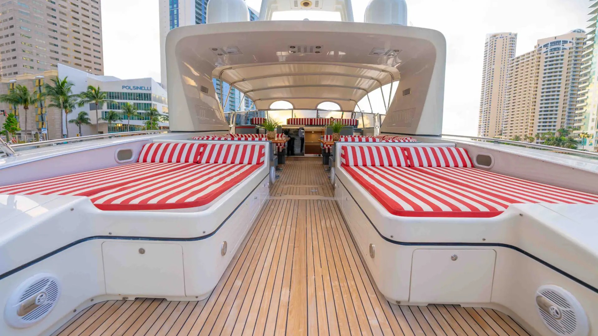 84' Mangusta yacht charter sun lounge deck Miami Beach