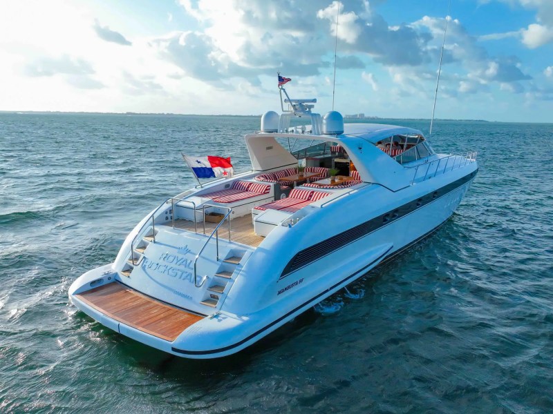84' Mangusta yacht charter aerial view cruising Miami Beach Biscayne Bay