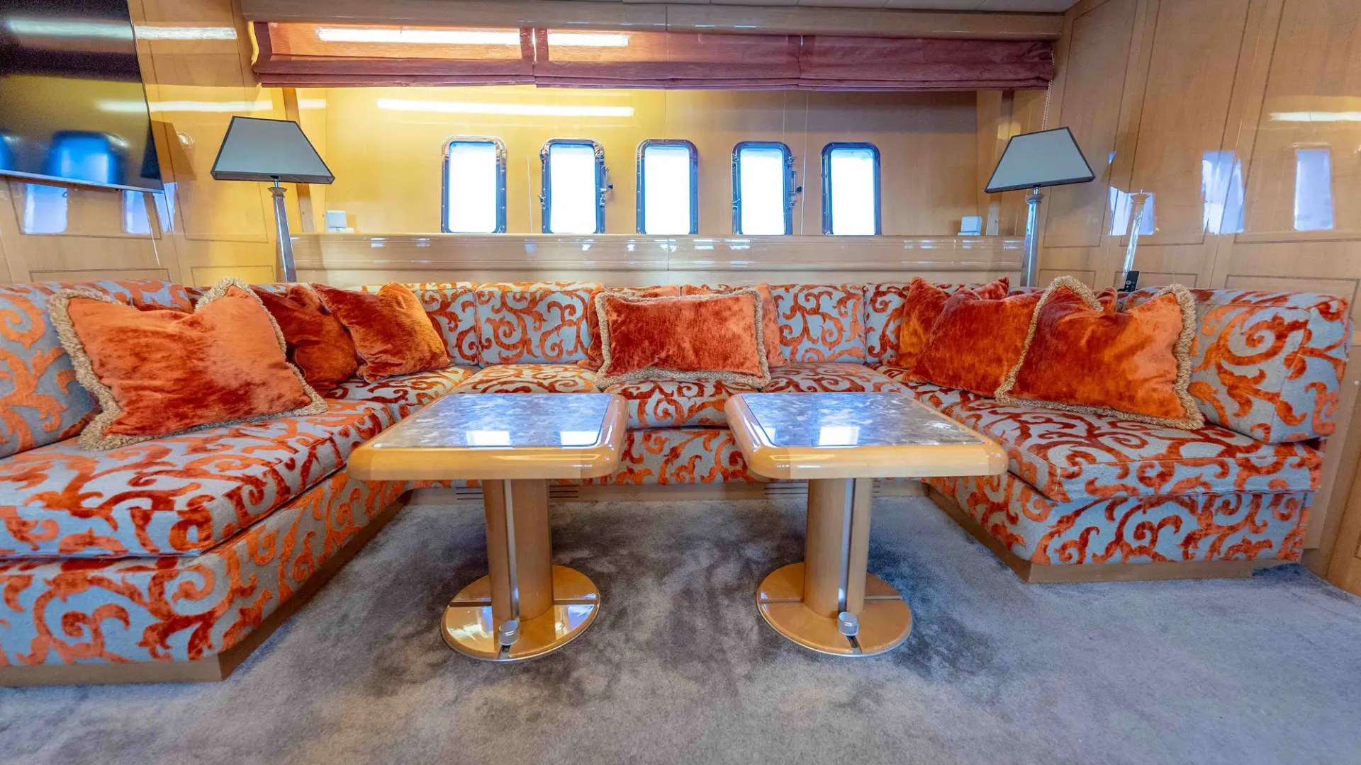 84' Mangusta yacht charter luxury lounge seating Miami Beach interior