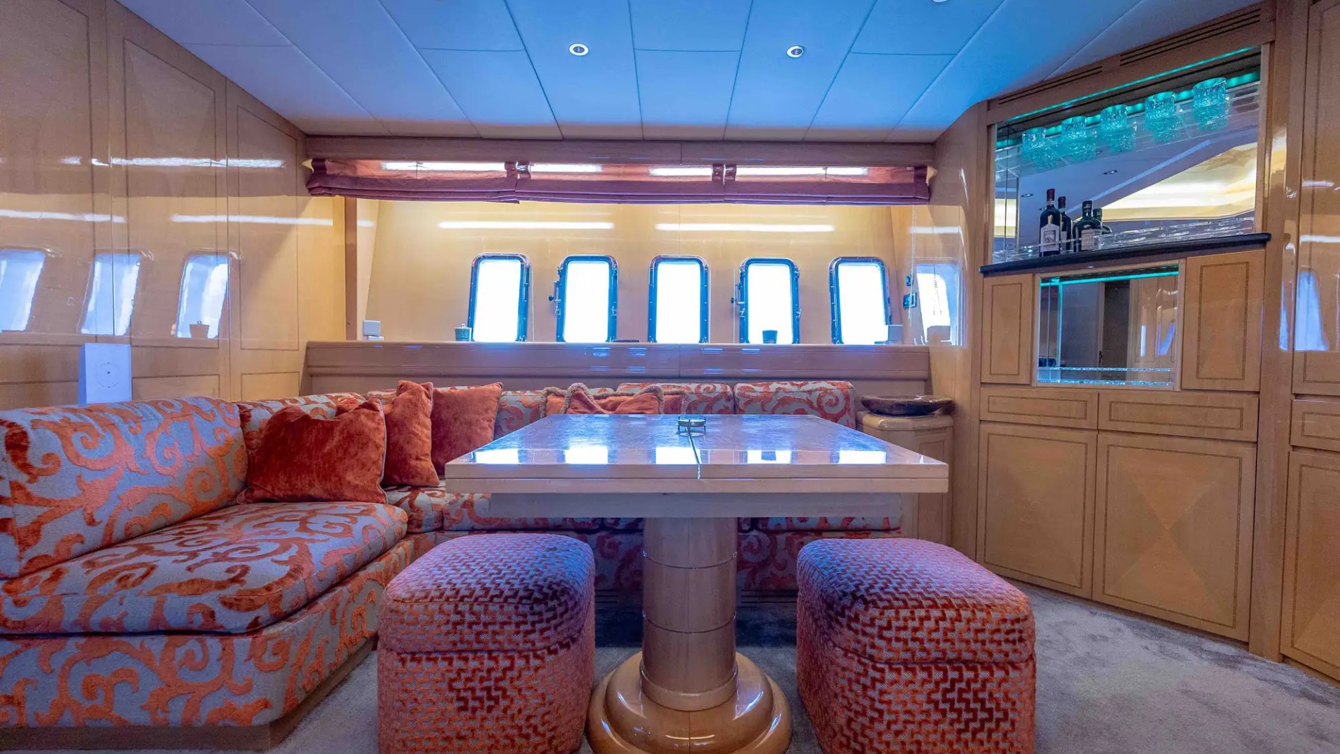 84' Mangusta yacht charter dining lounge interior Miami Beach