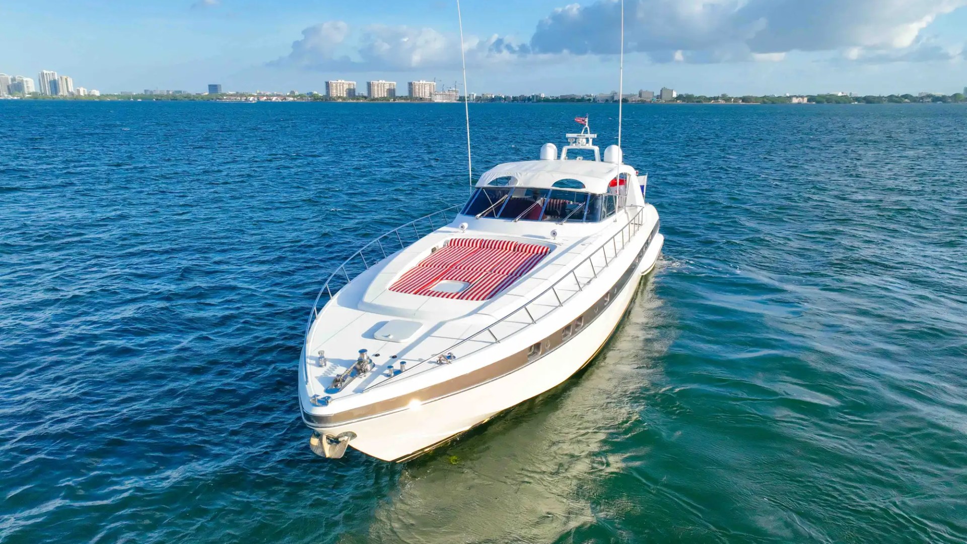 84' Mangusta yacht charter aerial cruising Miami Beach Biscayne Bay