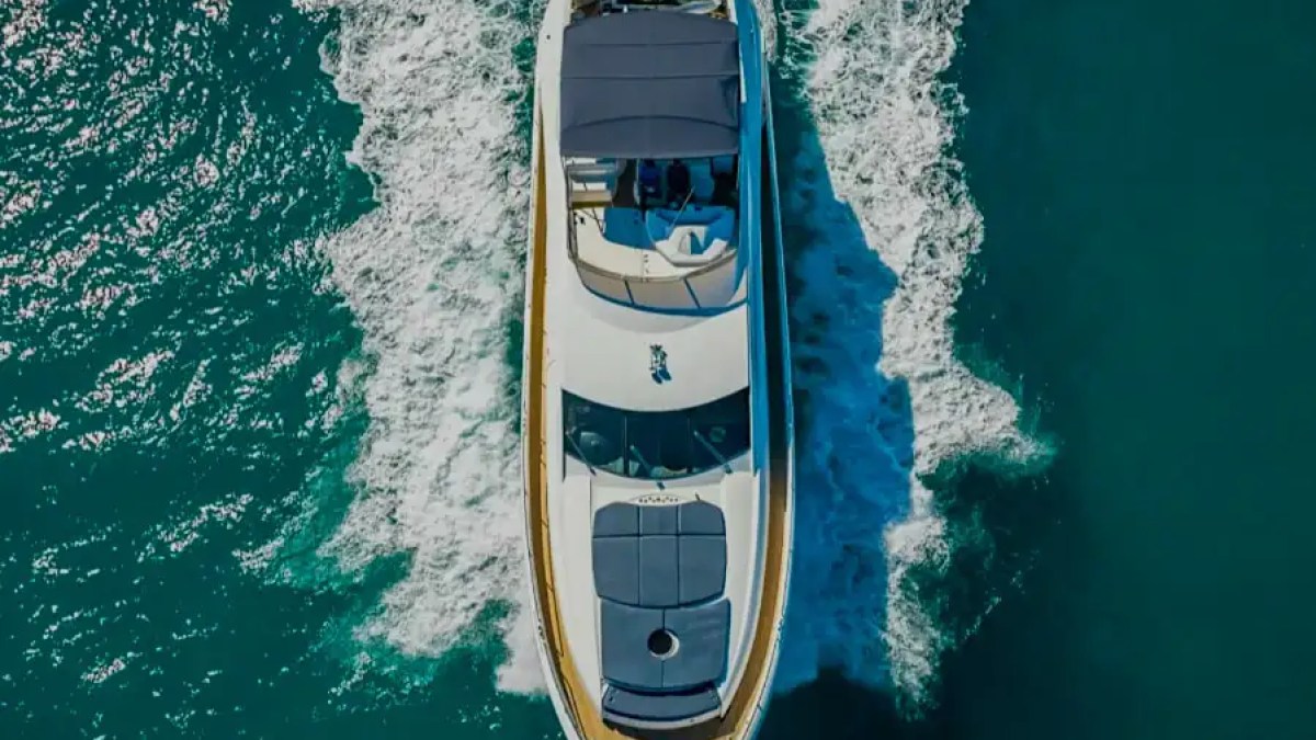 84' Sunseeker yacht charter aerial drone view cruising Miami Beach Biscayne Bay