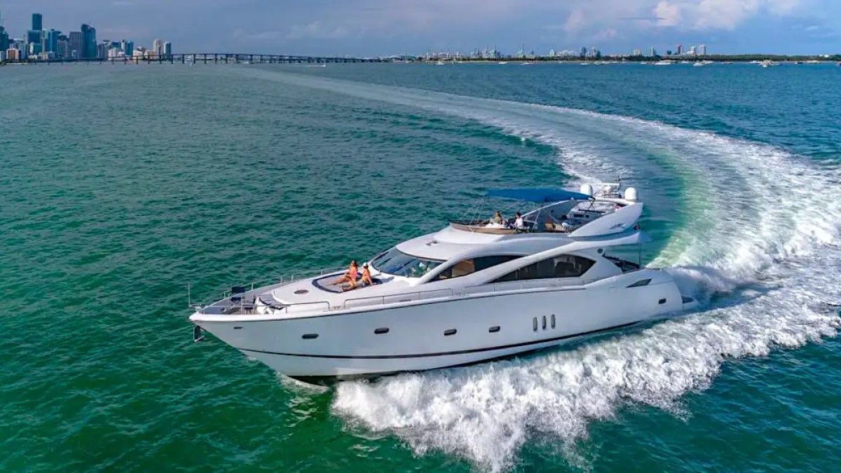 84' Sunseeker yacht charter turning in Biscayne Bay Miami Beach aerial