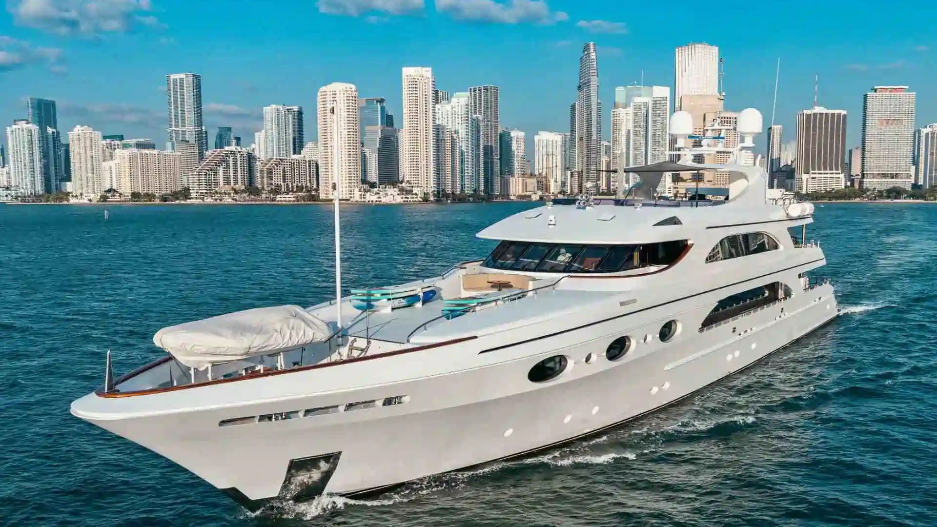 Bow seating with skyline view on 166′ Trinity Miami