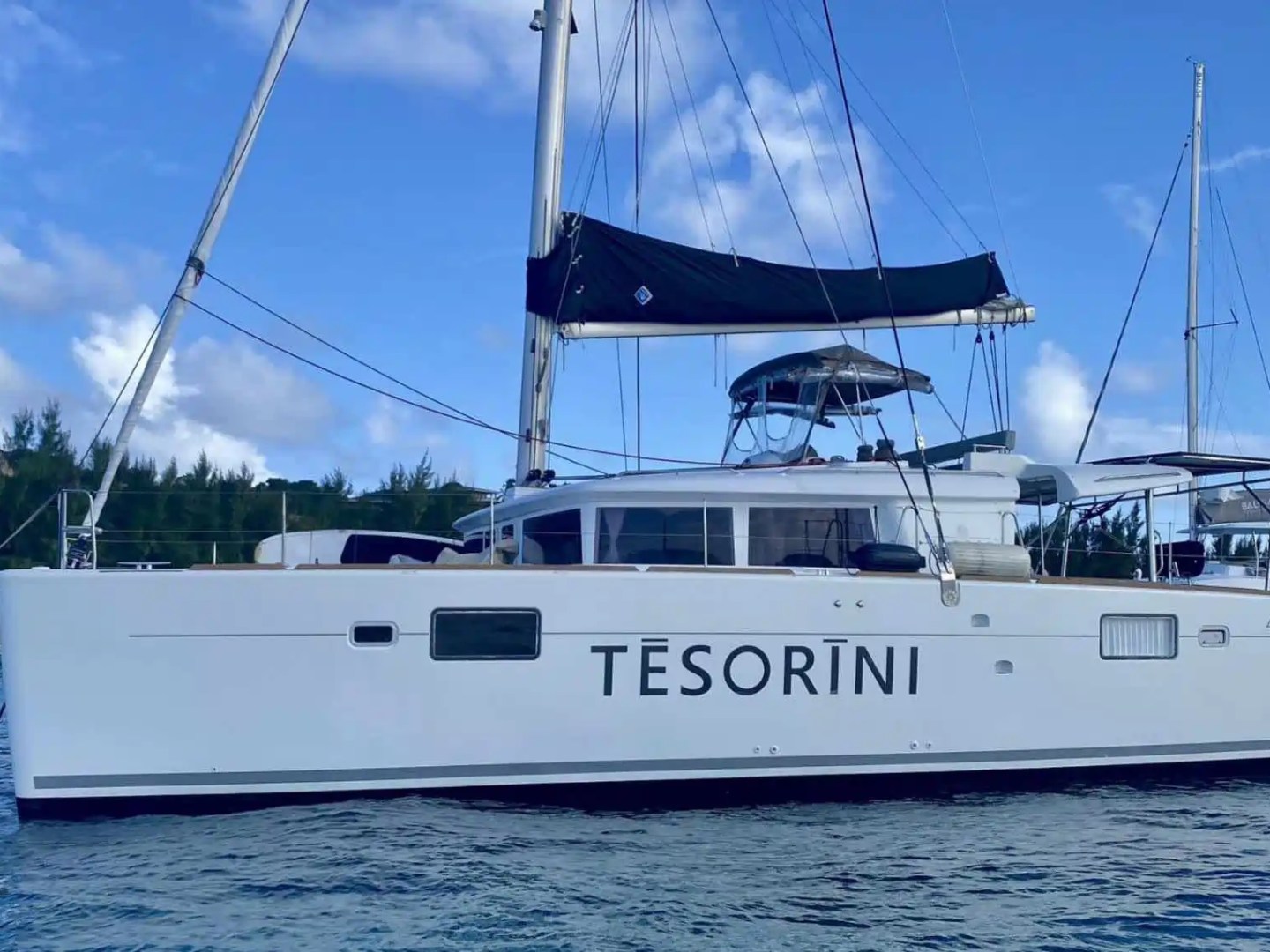 White catamaran named Tesorini moored in blue water near a forested shoreline.