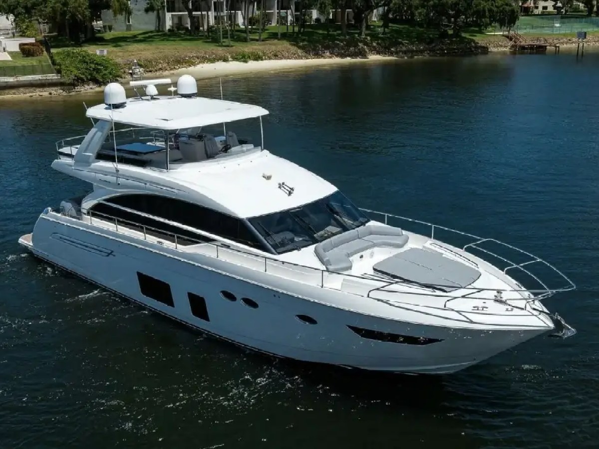 White yacht cruising on calm water near a shoreline with trees and grass.