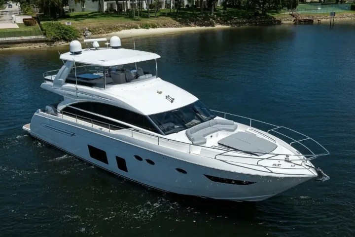 White yacht cruising on calm water near a shoreline with trees and grass.
