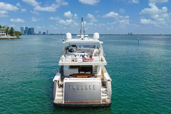 Luxury yacht on open water with palm-lined shore and city skyline in background.