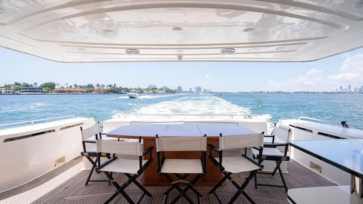 78' Ferretti yacht charter aft deck dining area cruising Biscayne Bay Miami Beach