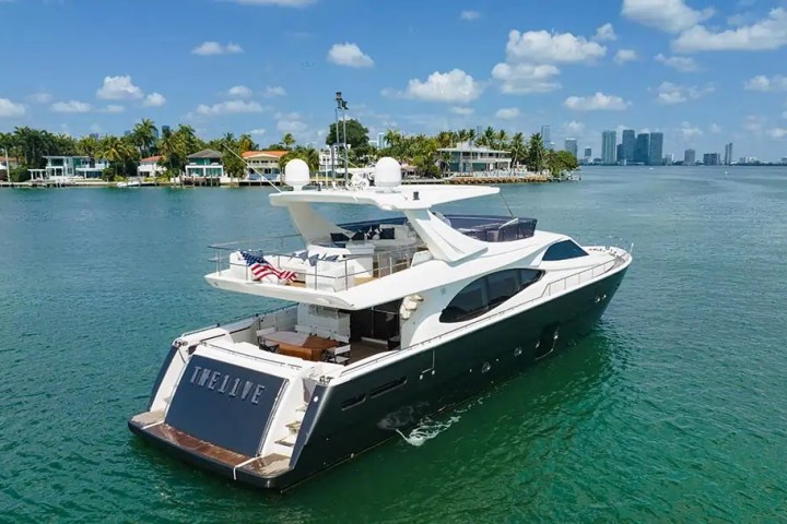 Luxury yacht on water near a city skyline with palm trees and houses.
