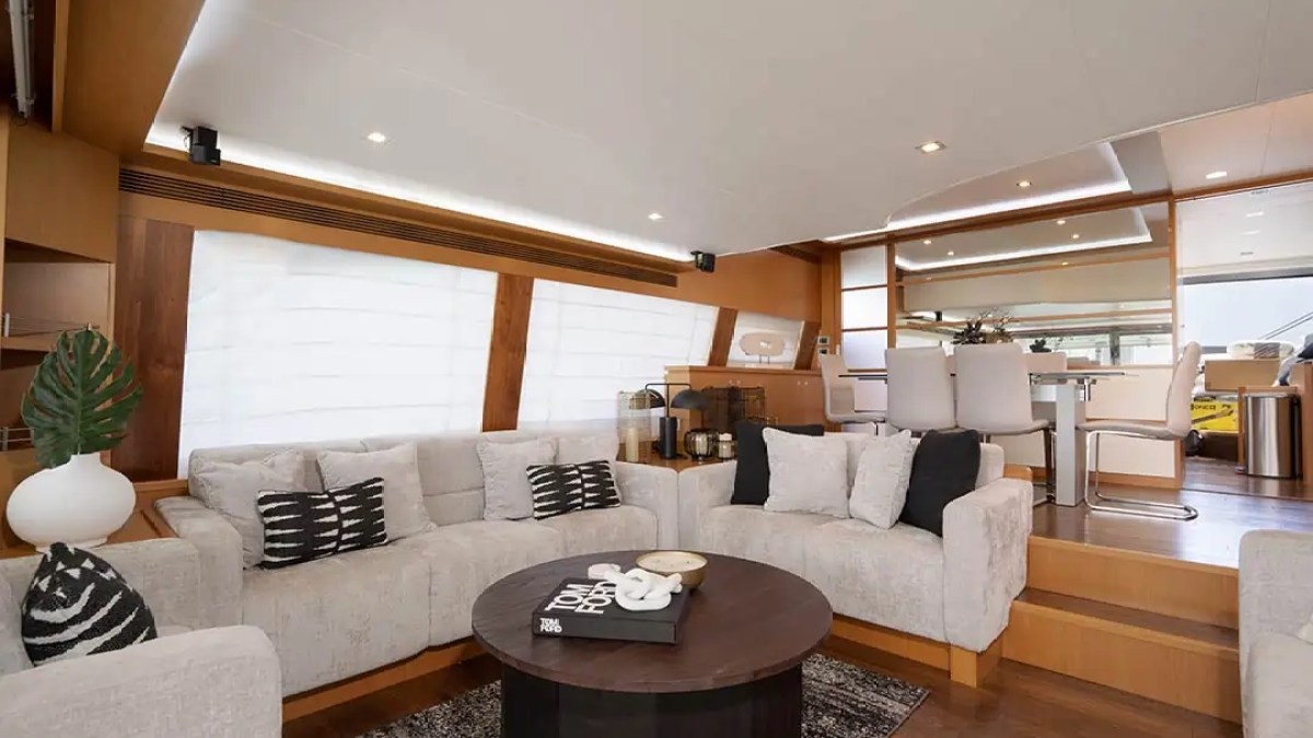 78' Ferretti yacht charter luxury salon lounge interior in Miami Beach