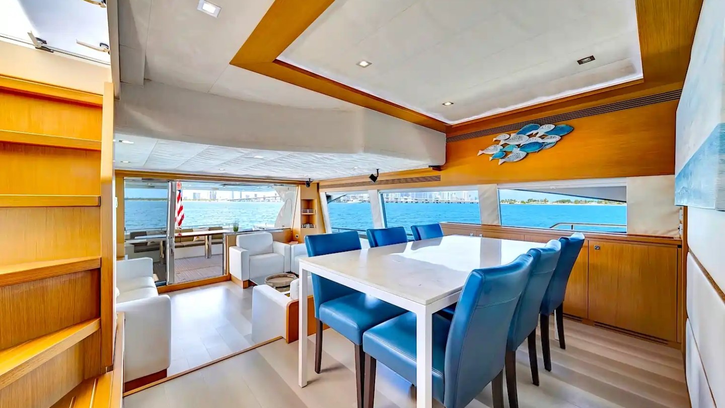 Interior dining area on 80′ Ferretti Miami