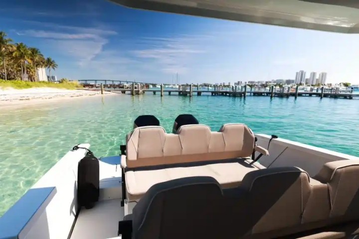 View from a boat facing a tropical beach with palm trees and a city skyline in the distance.