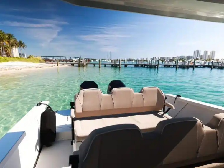 View from a boat facing a tropical beach with palm trees and a city skyline in the distance.