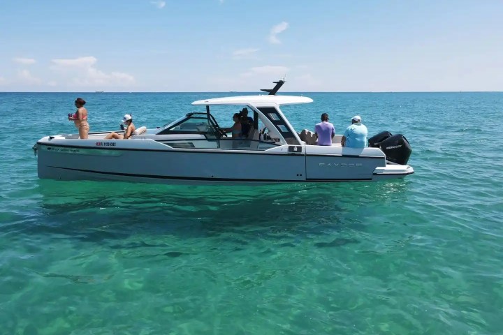 People on a motorboat in clear blue water under a sunny sky.