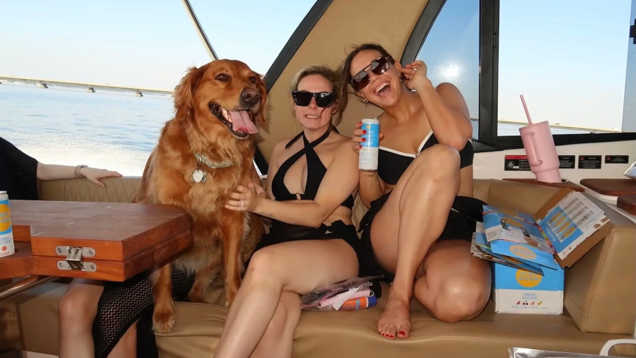 Two women in swimsuits and a dog enjoying a boat ride, smiling with drinks in hand.