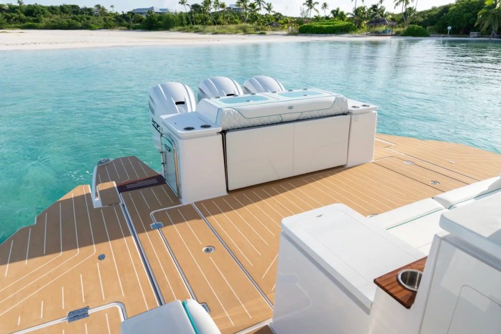 View of a boat's deck with outboard engines, overlooking a tropical shoreline.