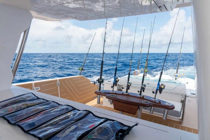 Fishing rods on a boat deck with ocean view in the background.