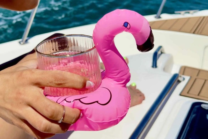 Hand holding a pink flamingo float with a glass on a boat with water background.