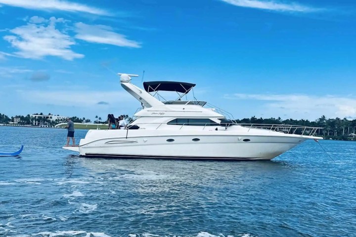 White yacht on water with people onboard against a blue sky backdrop.