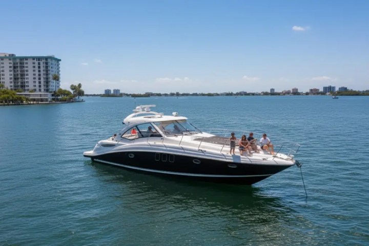Group relaxing on a yacht in a bay with distant shoreline and buildings under a clear sky.