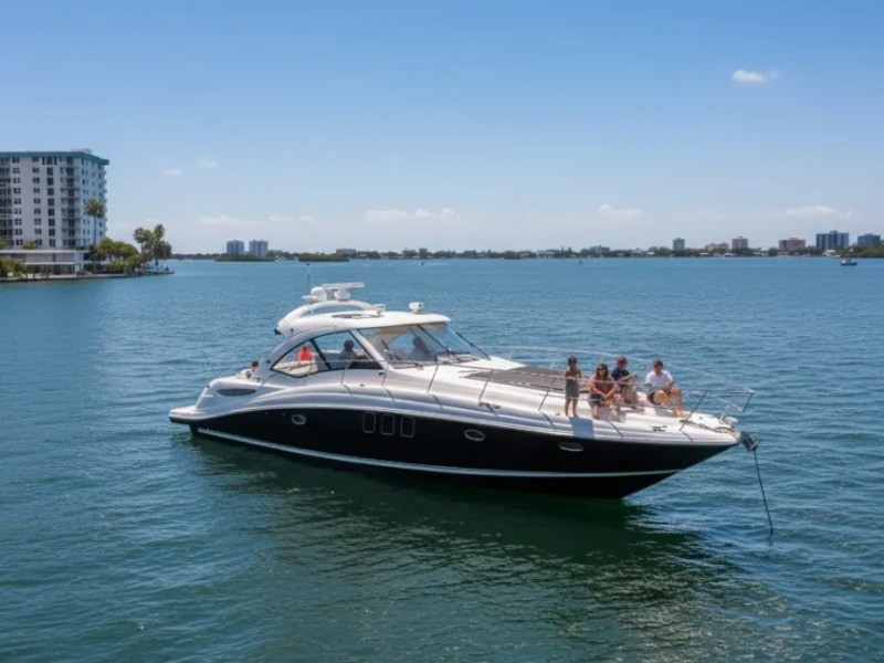 Group relaxing on a yacht in a bay with distant shoreline and buildings under a clear sky.
