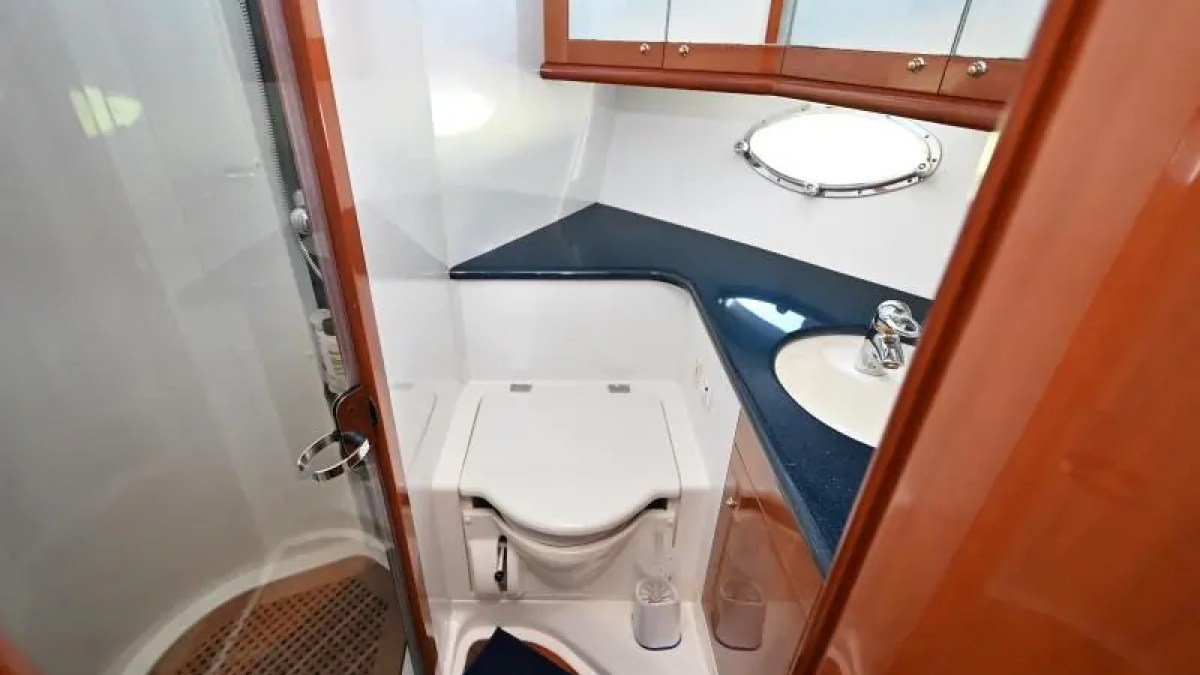 Compact boat bathroom with toilet, shower, sink, and mirrored cabinets.