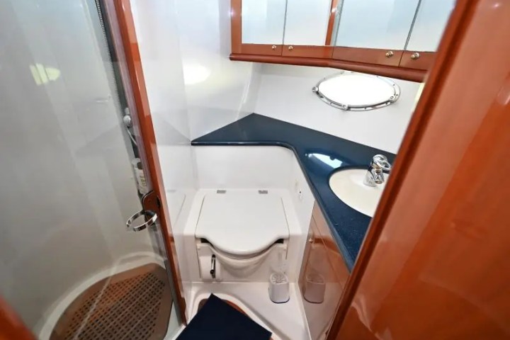Compact boat bathroom with toilet, shower, sink, and mirrored cabinets.