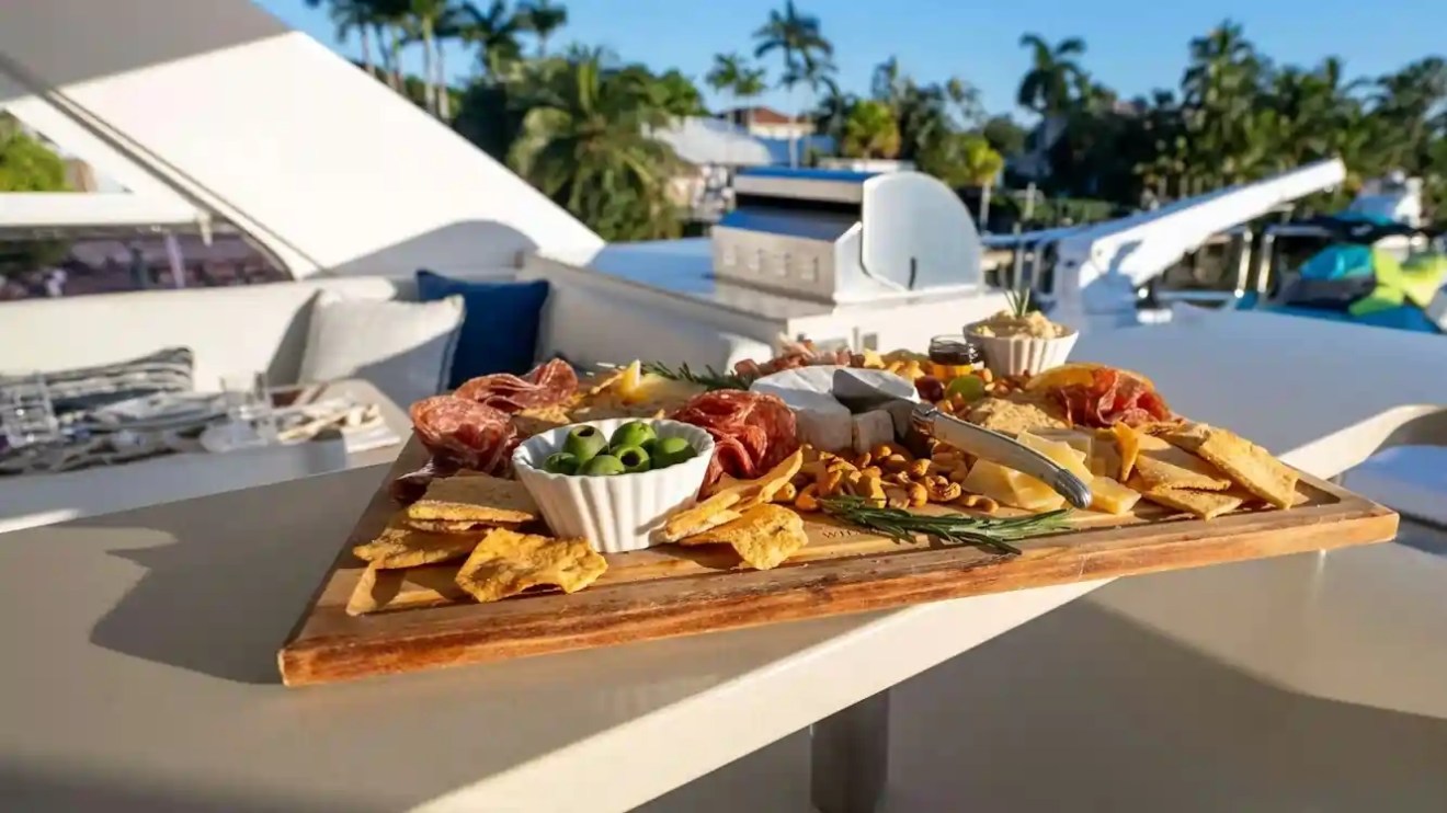 Cheese and charcuterie board on yacht deck with scenic background.