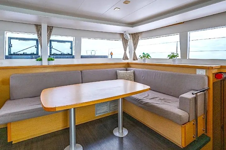 Spacious yacht interior with a wooden table, gray sofas, large windows, and potted plants.