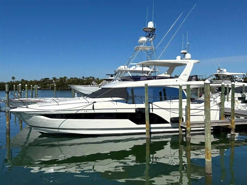 Prestige 59 yacht charter Anna Maria docked marina side profile exterior