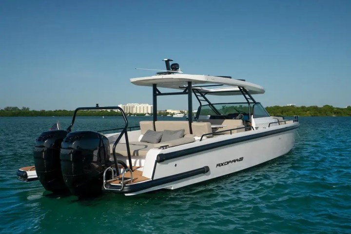 A sleek motorboat with dual engines on a lake under a clear blue sky.